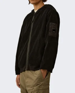 Heren Curduroy Zip Hooded Zwart
